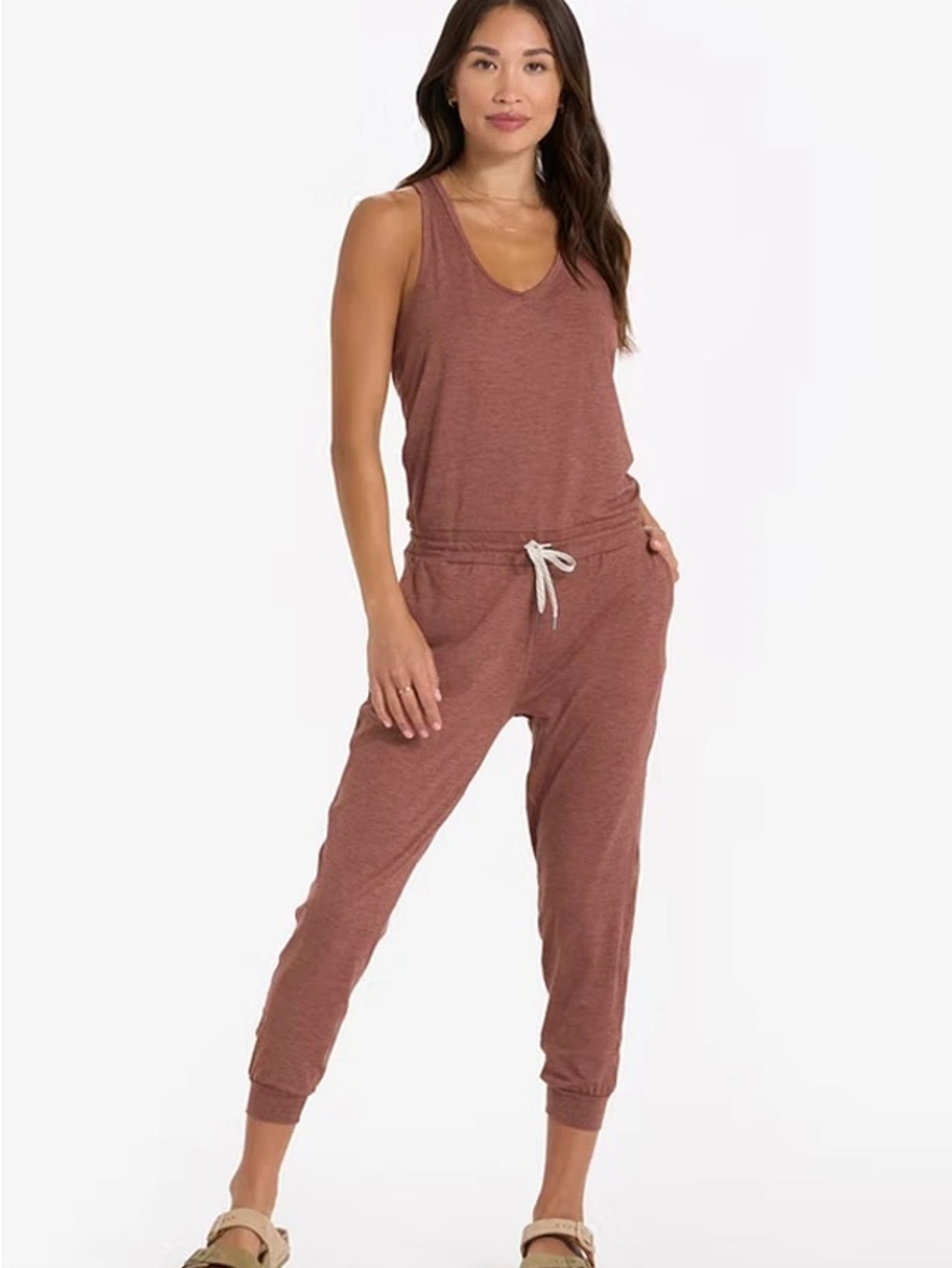 Vuori Lux Jumpsuit Heathered Brown Performance Jogger Jumpsuit | Size Small